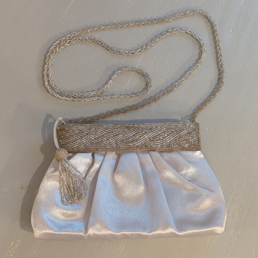 Beaded White Satin Evening Bag